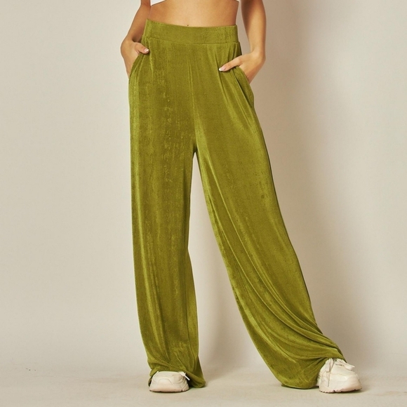 Slinky wide leg pull on pants olive green - Picture 1 of 12